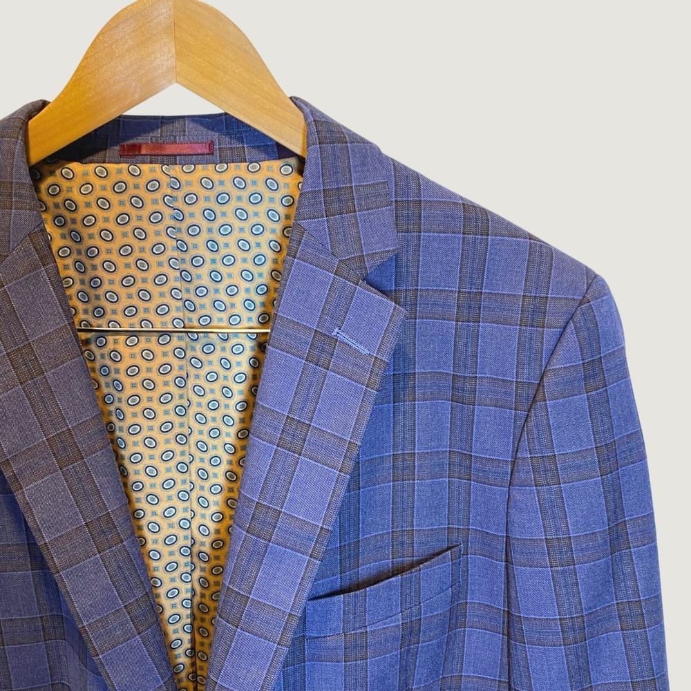 Johnston & Murphy Sport Coat Mens Large Blue Plaid Excellent Two Button Blazer